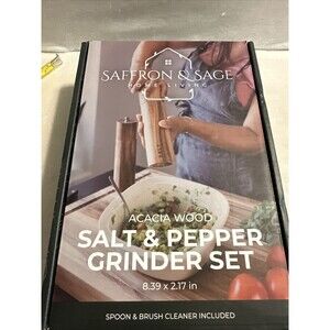 Saffron & Sage Acacia Wood Salt & Pepper Grinder Set, Adjustable Coarse Mill